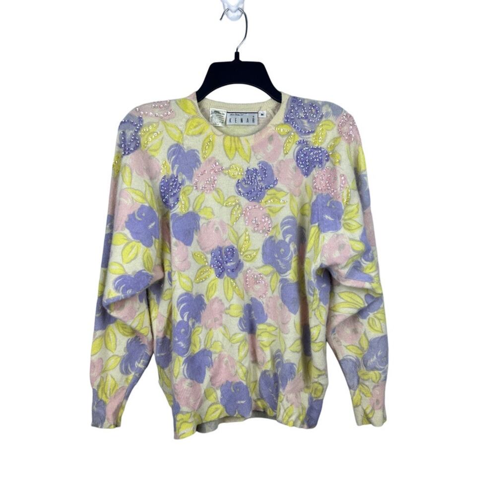 Vintage Ann Tjian for Kenar Lambswool Rabbit Hair Floral Sweater Sequins -Size M